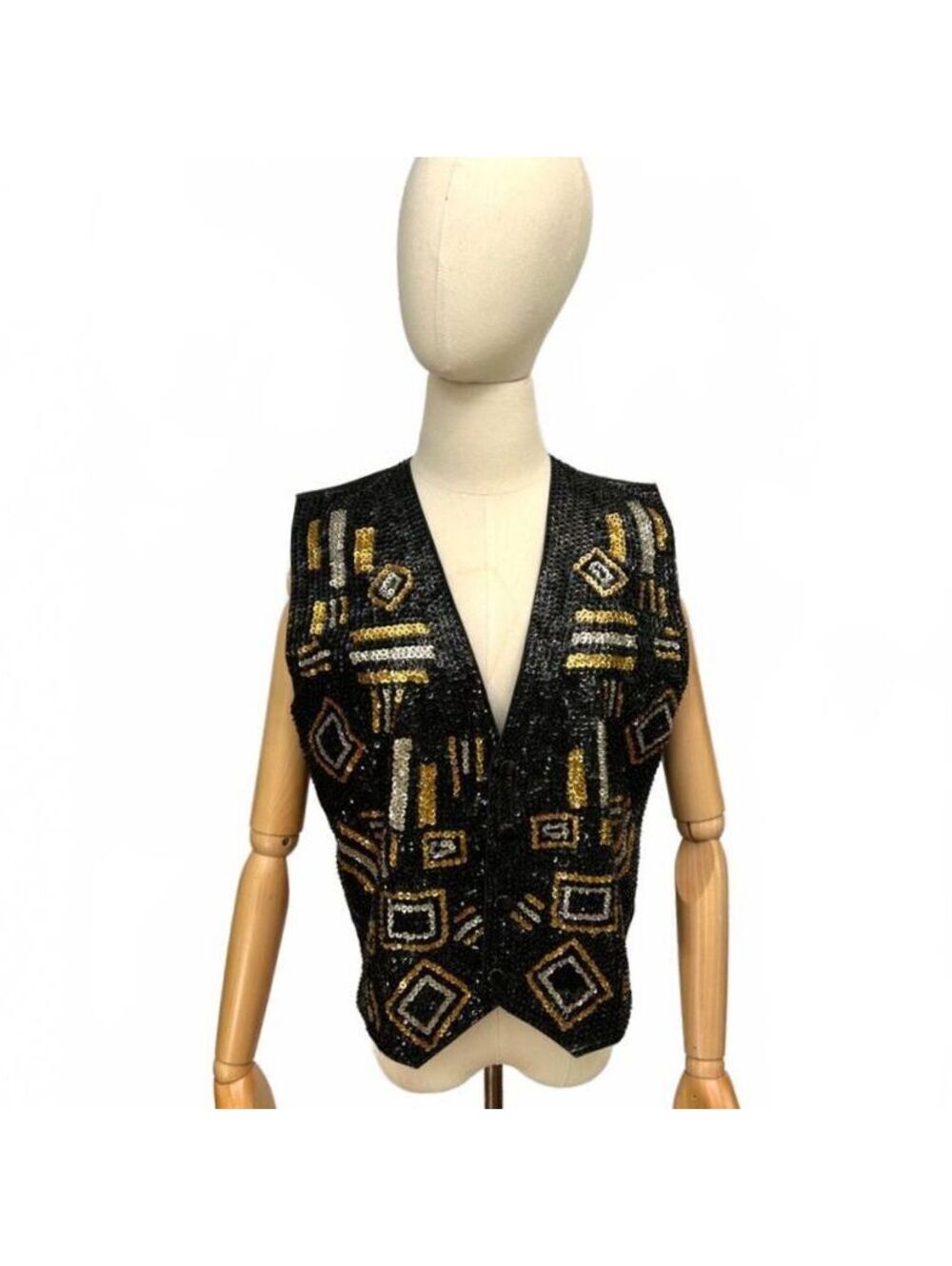 Vintage 90s Effeci Black Gold Silver Beaded Sequined Vest